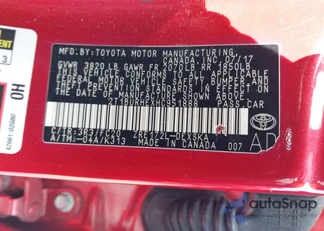 2017 Toyota Corolla Se из США, поврежденный, VIN 2T1BURHEXHC951888